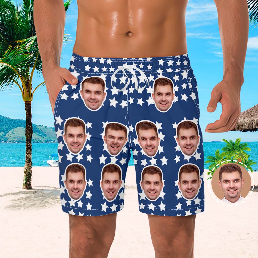 Short De Bain Homme Photo Visage Personnalisé Bleu Été Avec Étoile-MyHawaiianShirtsFR