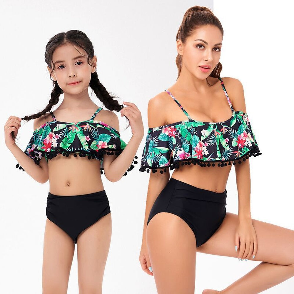 Maillot de bain parent-enfant imprimé hawaïen à franges et à épaules décolletées-MyHawaiianShirtsFR