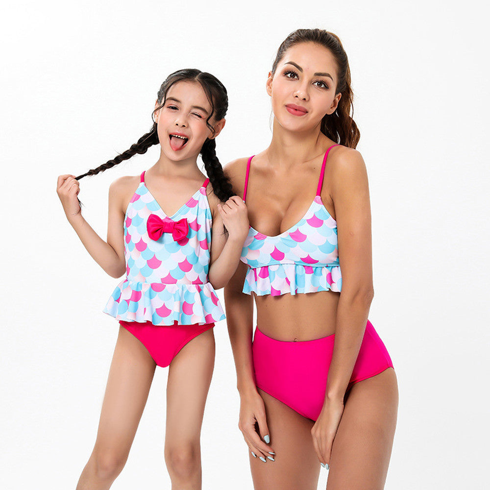 Maillot de bain parent-enfant fendu à taille haute, imprimé écailles de poisson-MyHawaiianShirtsFR
