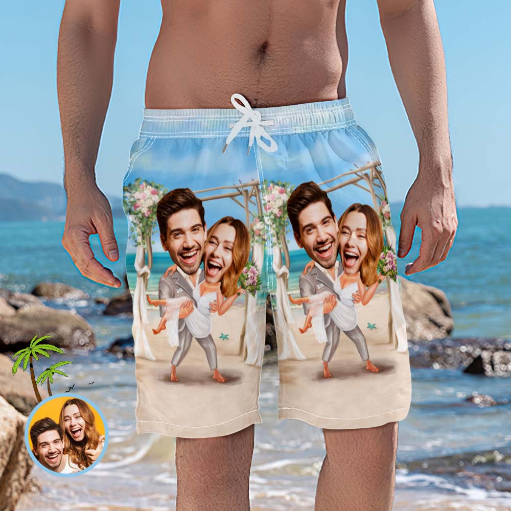 Benutzerdefinierte Paar Gesicht Strand Shorts Personalisierte Hochzeit Badehose Lustige Geschenke Für Freund-MyHawaiianShirtsDE