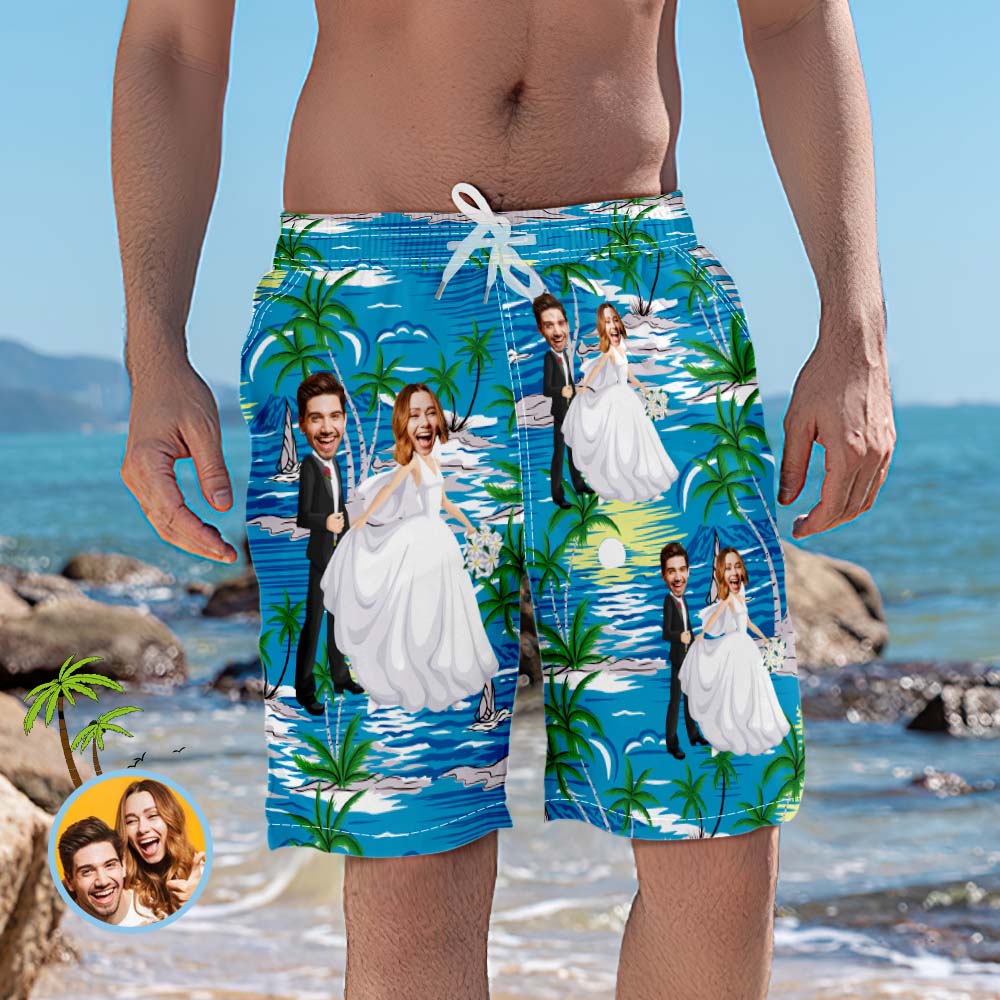 Kundenspezifische Paar-gesichts-strand-kurzschlüsse Romantische Hochzeits-strand-kurzschlüsse Bestes Hochzeits-geschenk-MyHawaiianShirtsDE
