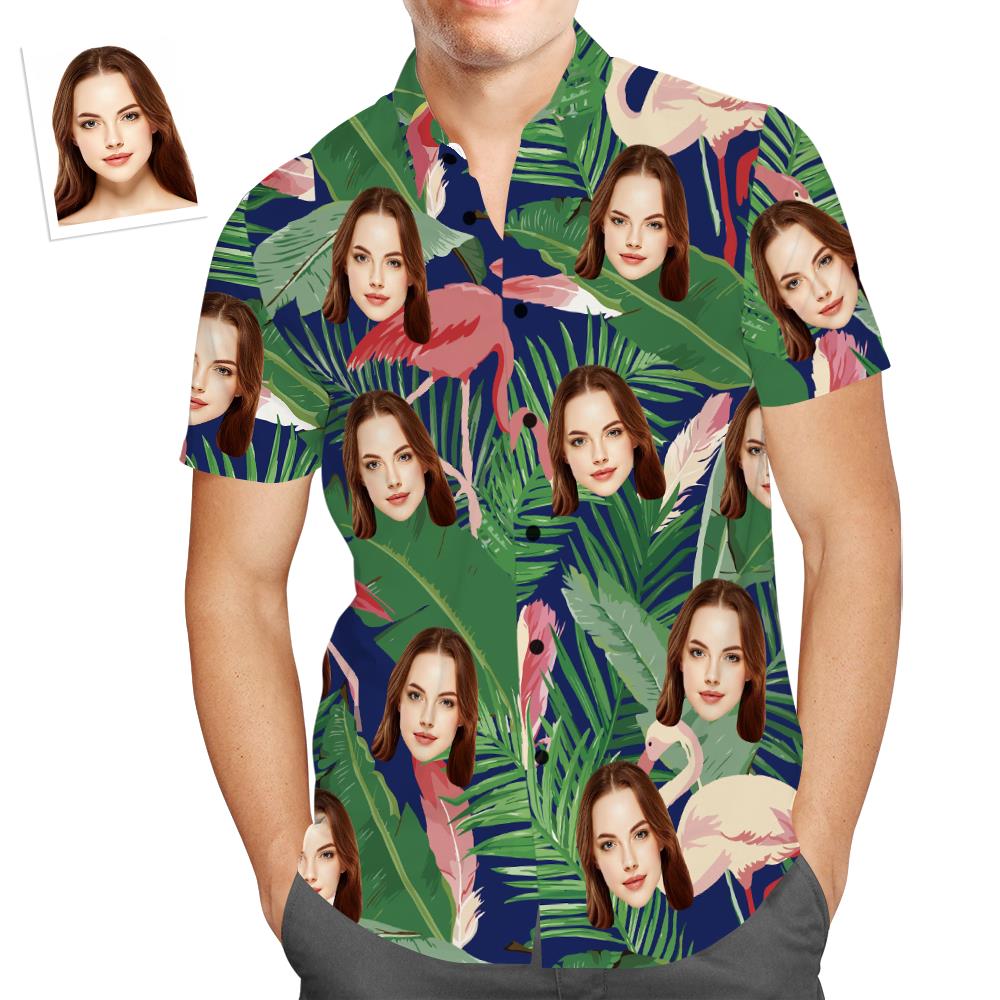 Hawaiihemd mit Gesicht Benutzerdefinierte Gesicht Hawaii-Hemd rosa Flamingo Urlaub Strand Shirts für ihn-MyHawaiianShirtsDE