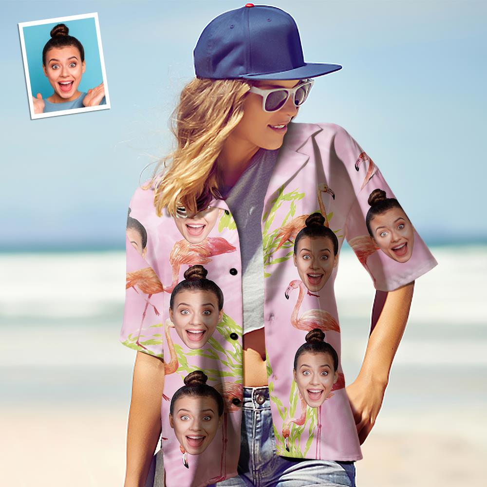 Hawaiihemd mit Gesicht Benutzerdefinierte Gesicht Hawaii-Hemd für Frauen Personalisierte Frauen Foto Hawaii-Hemd Geschenk für Sie - Pink Flamingo