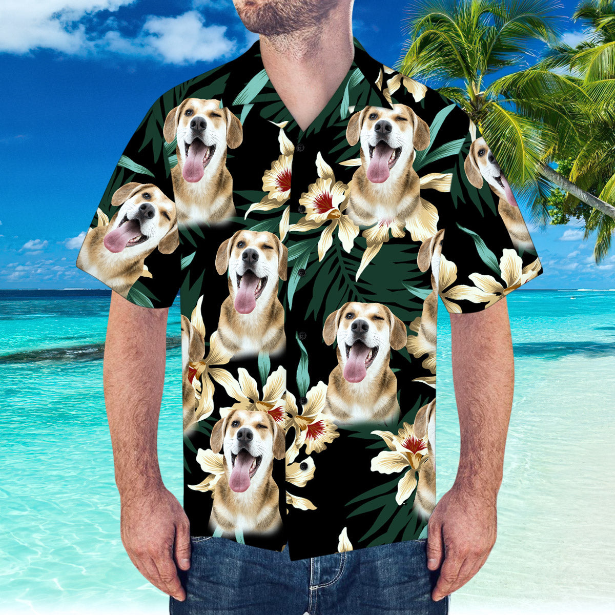 Hawaiihemd mit Gesicht Kundenspezifisches Gesichts-Hawaiihemd Blätter- und Blumenmuster Hawaiihemd als Sommergeschenk-MyHawaiianShirtsDE