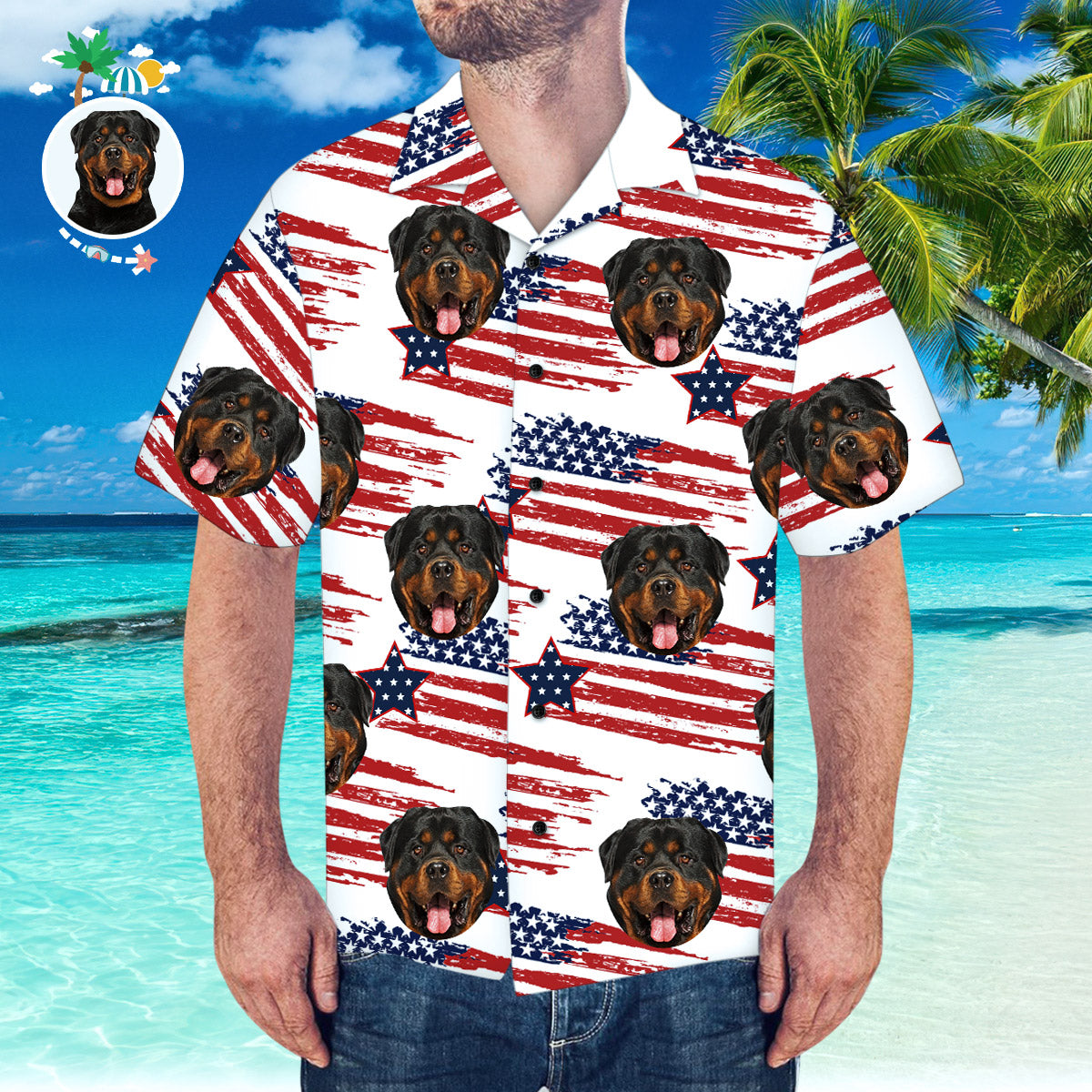 Hawaiihemd mit Gesicht Kundenspezifisches Gesichts-Hawaiihemd Amerikanisches Flaggen-Hawaiihemd für Strandpartys-MyHawaiianShirtsDE