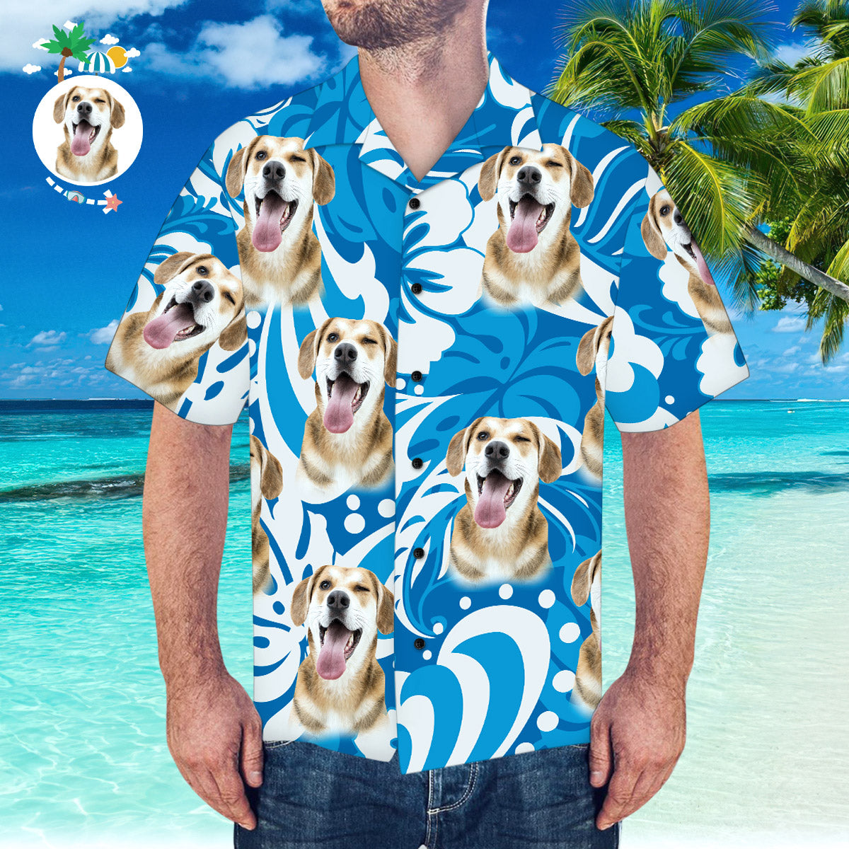 Hawaiihemd mit Gesicht Kundenspezifisches hawaiianisches Hemd mit Freund-Gesicht Blätter- und Blumenmuster-Hawaiihemd-MyHawaiianShirtsDE