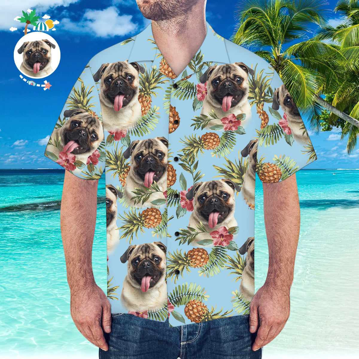 Hawaiihemd mit Gesicht Kundenspezifisches hawaiianisches Hemd mit Ehemann-Gesicht Ananas-Muster-Hawaiihemd für den Strand-MyHawaiianShirtsDE