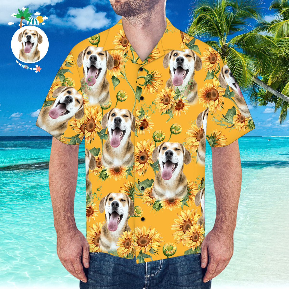 Hawaiihemd mit Gesicht Kundenspezifisches Gesichts-Hawaiihemd Sonnenblumenmuster-Hawaiihemd für Strandpartys-MyHawaiianShirtsDE