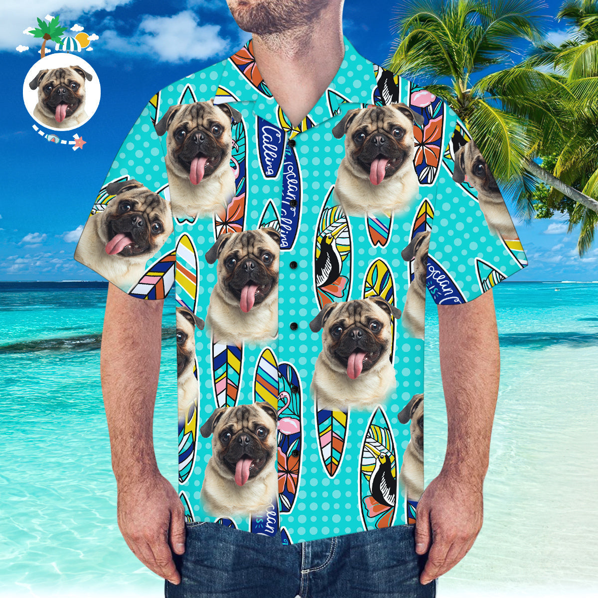 Hawaiihemd mit Gesicht Kundenspezifisches hawaiianisches Hemd mit Freund-Gesicht Surfmuster-Hawaiihemd mit kurzen Ärmeln-MyHawaiianShirtsDE