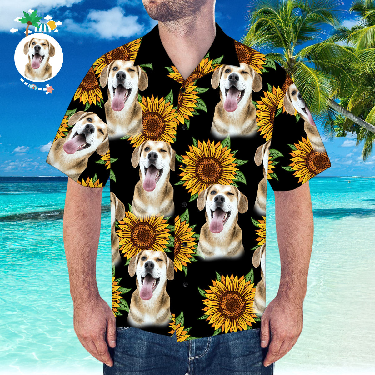 Hawaiihemd mit Gesicht Kundenspezifisches hawaiianisches Hemd mit Ehemann-Gesicht Sonnenblumen- und Blättermuster-Hemd für Strandpartys-MyHawaiianShirtsDE