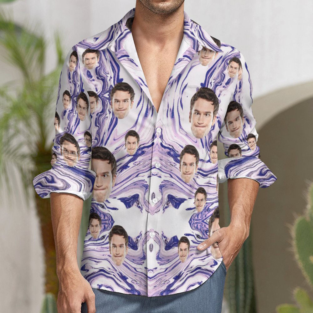 Benutzerdefiniertes Gesicht Lila Marmorierung All Over Print Large Langarmhemd-MyHawaiianShirtsDE