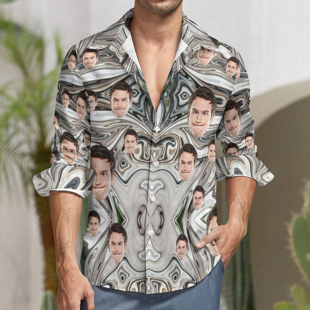 Individuelles Gesicht  All Over Print Großes Langarmhemd Marmortinten-aquarell-textur-MyHawaiianShirtsDE