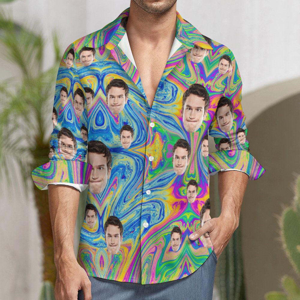 Individuelles Gesicht  All Over Print Großes Langarmhemd Bunter Abstrakter Farbfluss-MyHawaiianShirtsDE