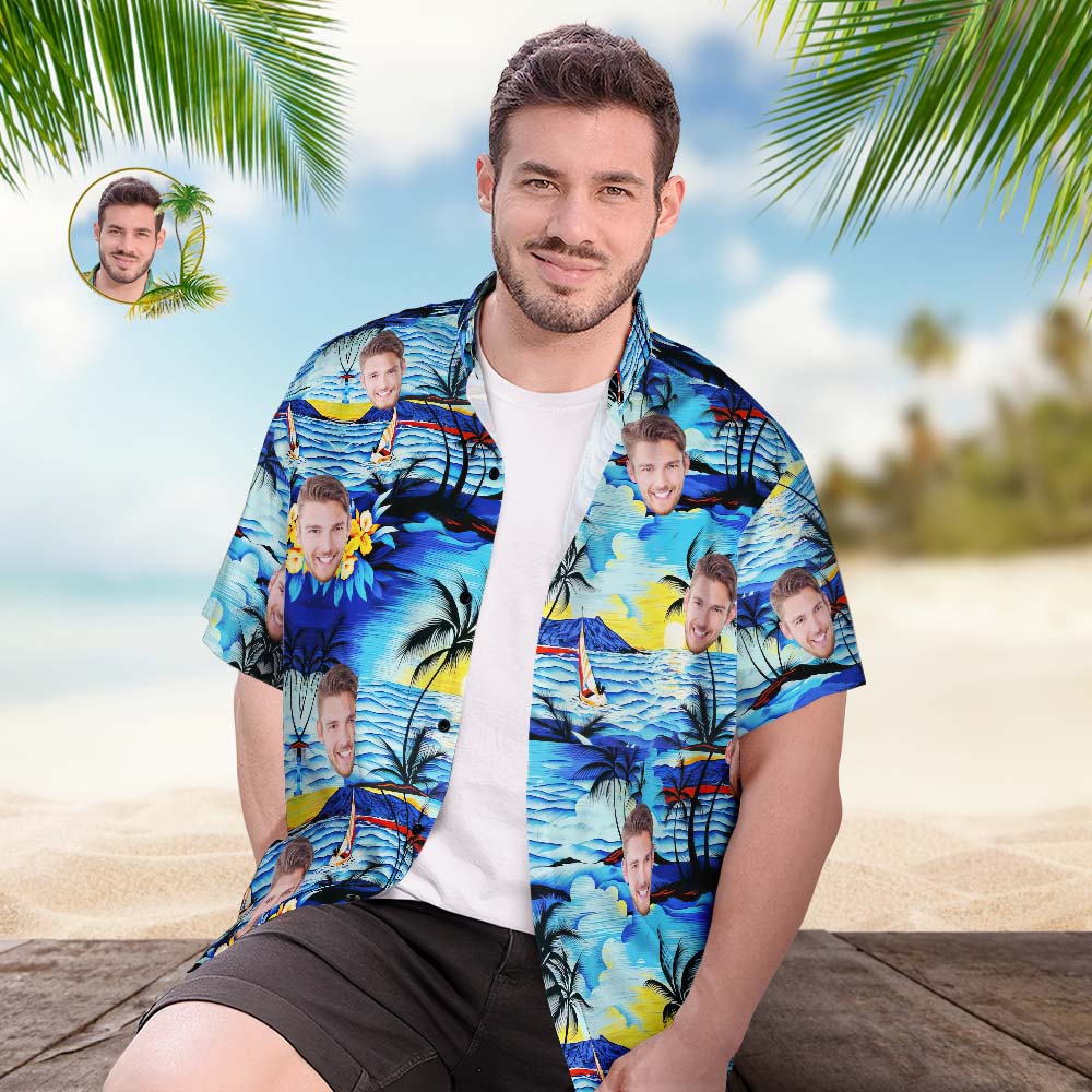 Hawaiihemd mit Gesicht Hawaii-hemd Mit Individuellem Gesicht Für Herren, Beliebtes Hawaii-strandhemd Mit Allover-print, Geschenk – Romantischer Meerblick-MyHawaiianShirtsDE