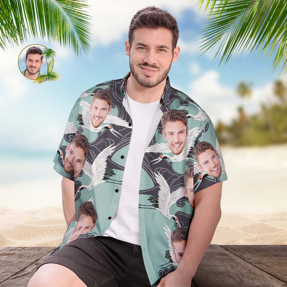 Hawaiihemd mit Gesicht Hawaii-hemd Mit Individuellem Gesicht, Beliebtes All-over-print-hawaii-strandhemd Für Herren, Geschenk – Orientalische Ästhetik, Kranich-MyHawaiianShirtsDE