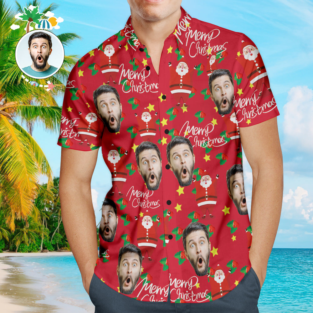 Hawaiihemd mit Gesicht Benutzerdefinierte Gesicht Shirt personalisierte Foto Männer Hawaii-Hemd Weihnachtsgeschenk - Happy Santa