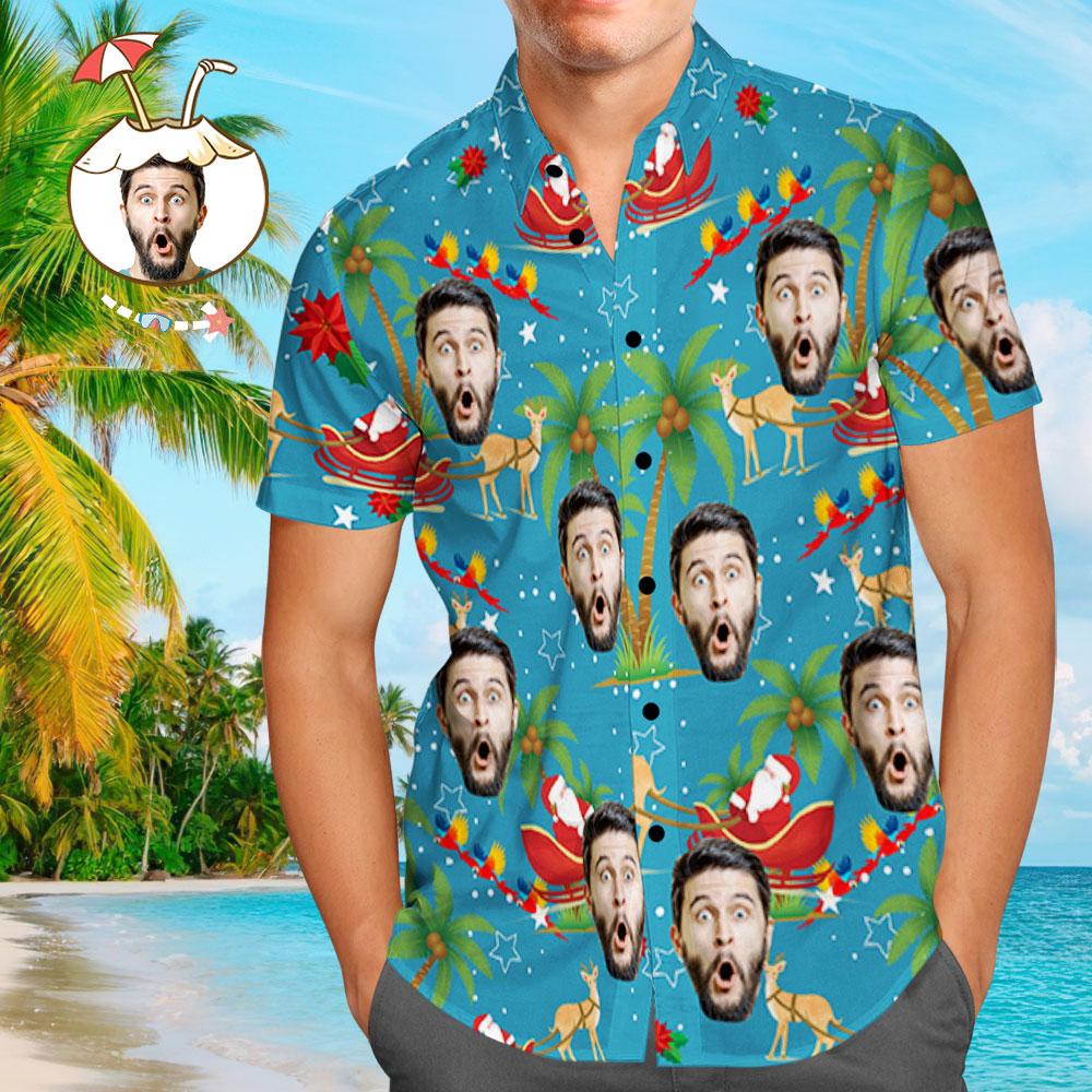Hawaiihemd mit Gesicht Benutzerdefinierte Gesicht Shirt personalisierte Foto Männer Hawaii-Hemd Weihnachtsgeschenk - Santa und Elch-MyHawaiianShirtsDE