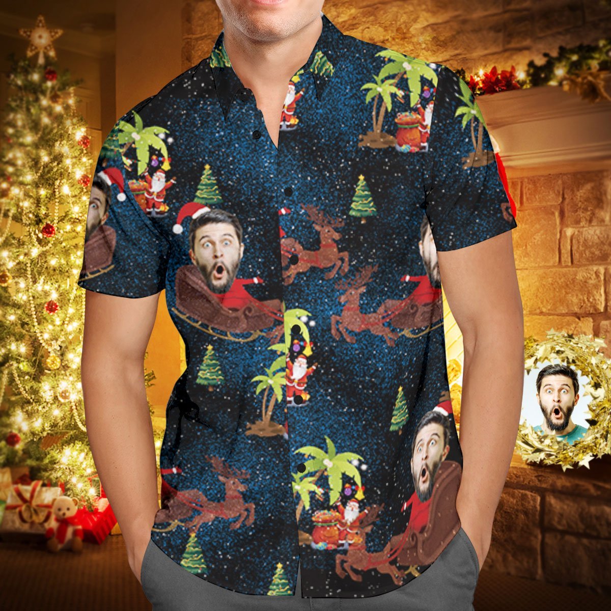 Hawaiihemd mit Gesicht Benutzerdefinierte Gesicht personalisierte Weihnachten Hawaii-Hemd Rentier Ziehen eines Schlittens Weihnachtsgeschenk-MyHawaiianShirtsDE