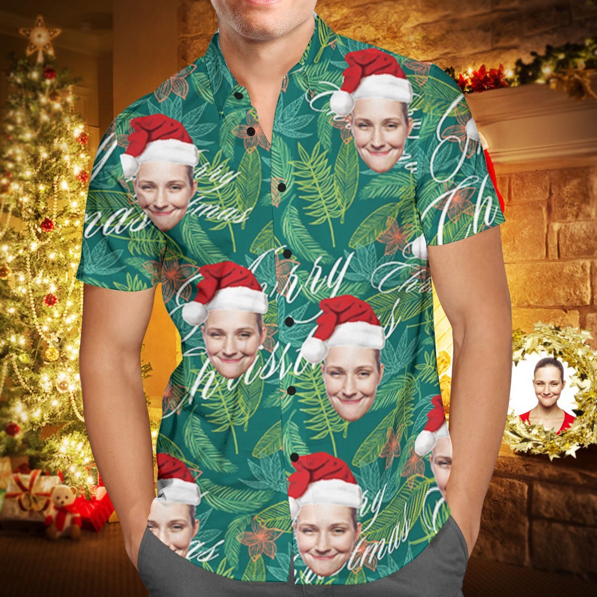 Hawaiihemd mit Gesicht Benutzerdefinierte Gesicht personalisierte fröhliche Weihnachten Hawaii-Hemd All Over Print Blätter-MyHawaiianShirtsDE