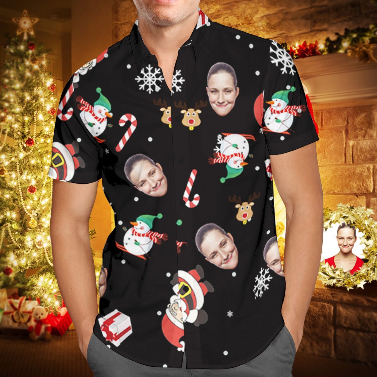 Hawaiihemd mit Gesicht Benutzerdefinierte Gesicht personalisierte Weihnachten Hawaii-Hemd Schneemann Skifahren Zuckerstange Urlaub Geschenke-MyHawaiianShirtsDE