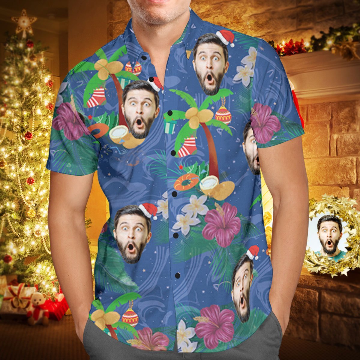 Hawaiihemd mit Gesicht Benutzerdefinierte Gesicht personalisierte Weihnachten Hawaii-Hemd Kokosnussbaum-MyHawaiianShirtsDE