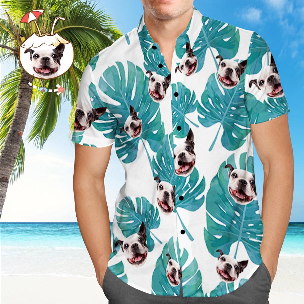 Hawaiihemd mit Gesicht Kundenspezifisches hawaiianisches Hemd mit Hundegesicht Kundenspezifisches tropisches Hemd Grünes Blattmuster-Strandhemd-MyHawaiianShirtsDE