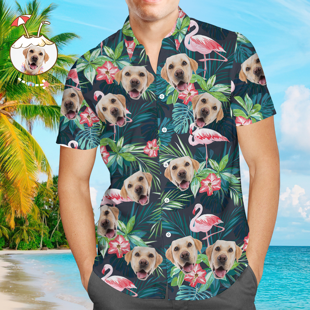 Kundenspezifisches Herren-Hawaiihemd Hundegesichts-Hemd Flamingo-Blume für Tierliebhaber