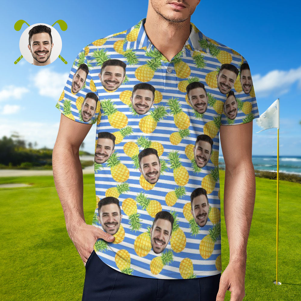 Das Kundenspezifische Gesichts-poloshirt-blaue Streifen Der Männer Mit Ananas-personalisierten Hawaiischen Golf-hemden-MyHawaiianShirtsDE