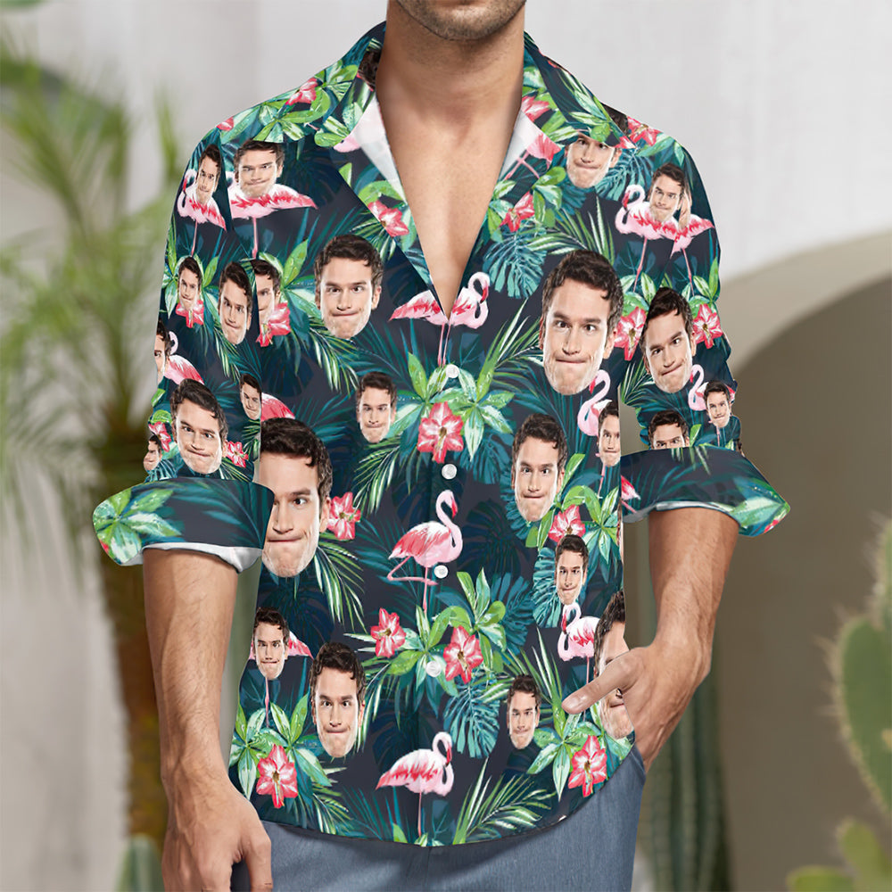 Kundenspezifisches Gesicht Ganz Über Druck-langärmliges Hemd Bunter Flamingo-MyHawaiianShirtsDE