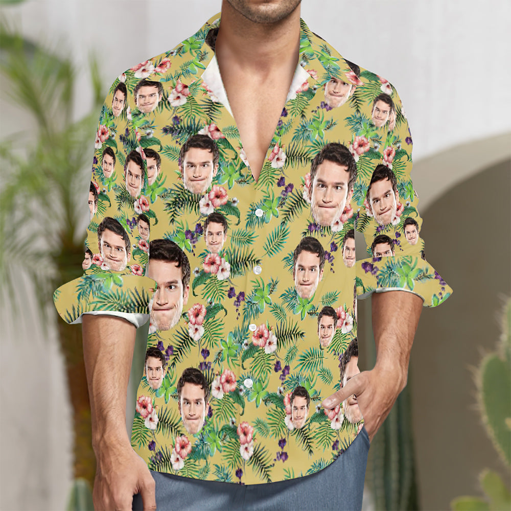Kundenspezifisches Gesicht Ganz Über Druck-langarm-hemd-rosa-blumen-MyHawaiianShirtsDE