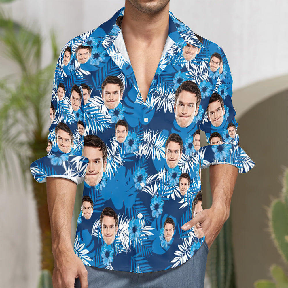 Custom Face Blue Flowers and Leaves All Over Print Long Sleeve Shirt-MyHawaiianShirtsDE