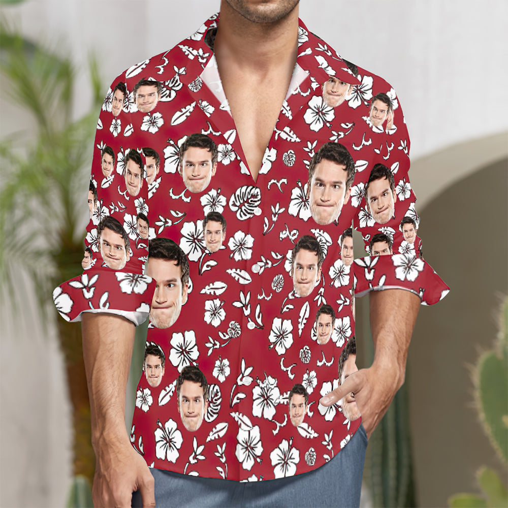 Kundenspezifisches Gesichts-blumen-design Ganz Über Rotem Langarm-shirt-MyHawaiianShirtsDE