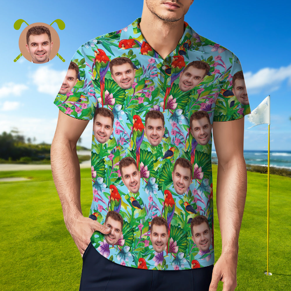 Herren-polo-shirt Mit Individuellem Gesicht, Personalisierte Golf-shirts Für Ihn, Bunter Papagei-MyHawaiianShirtsDE