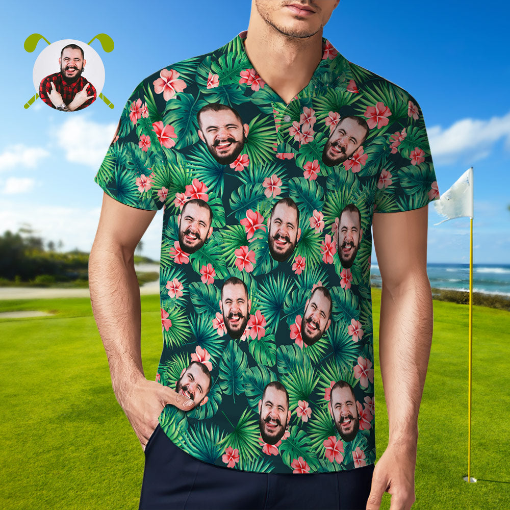 Herren-polo-shirt Mit Individuellem Gesicht, Personalisierte Grüne Golf-shirts Für Ihn, Hawaiianische Rosa Blume-MyHawaiianShirtsDE