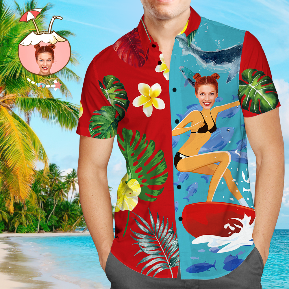 Hawaiihemd mit Gesicht Benutzerdefinierte Hawaiihemd Liebe Surfen Personalisierte Aloha Beach Shirt für Männer-MyHawaiianShirtsDE