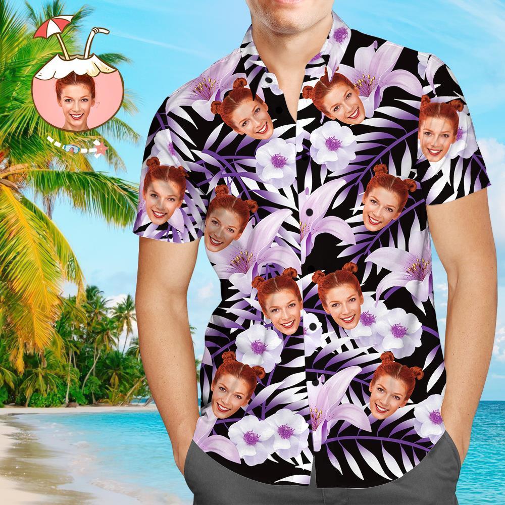 Hawaiihemd mit Gesicht Benutzerdefinierte Hawaiihemd lila Blumen personalisierte Aloha Beach Shirt für Männer-MyHawaiianShirtsDE