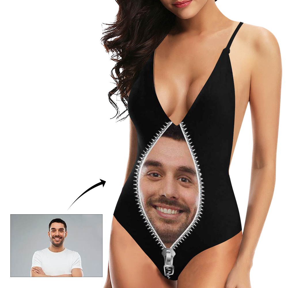 Benutzerdefinierte Gesicht V-Ausschnitt Bikini Frauen Foto ein Stück Badeanzug - Reißverschluss-MyHawaiianShirtsDE