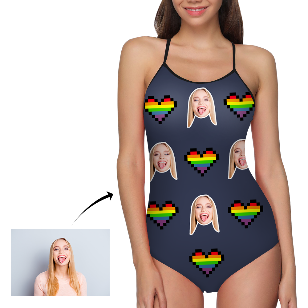 Benutzerdefinierte Gesicht Bademode Frauen Foto Slip ein Stück Badeanzug - Pixel Heart-MyHawaiianShirtsDE