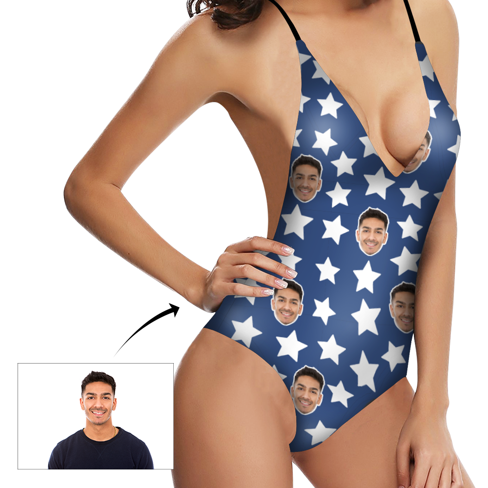 Custom Face V-Neck Bikini Women's Photo One Piece Badeanzug - Weiße Sterne Blau-MyHawaiianShirtsDE