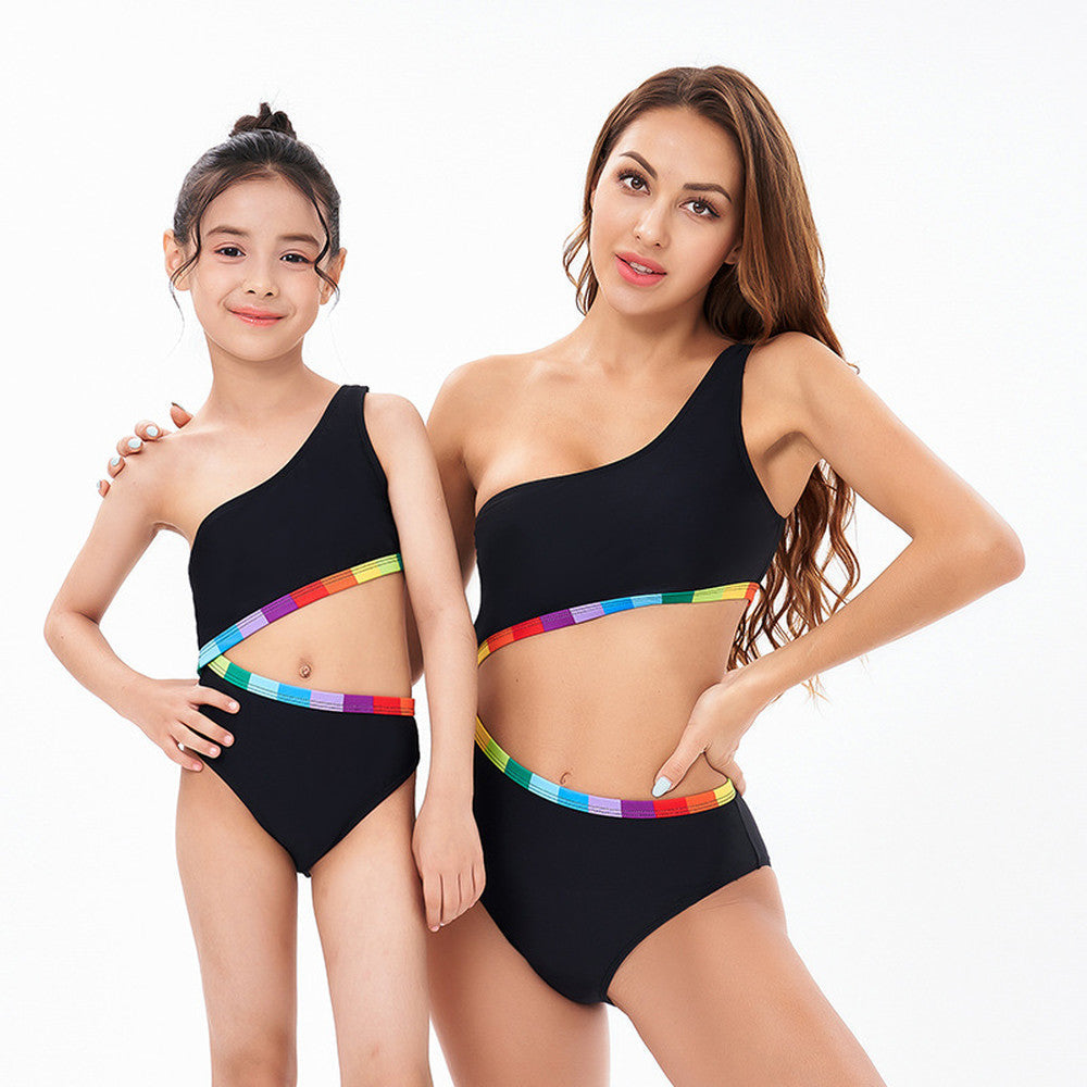 Einteiliger Bikini Schrägschulter Regenbogenkante Eltern-Kind-Badeanzug-MyHawaiianShirtsDE