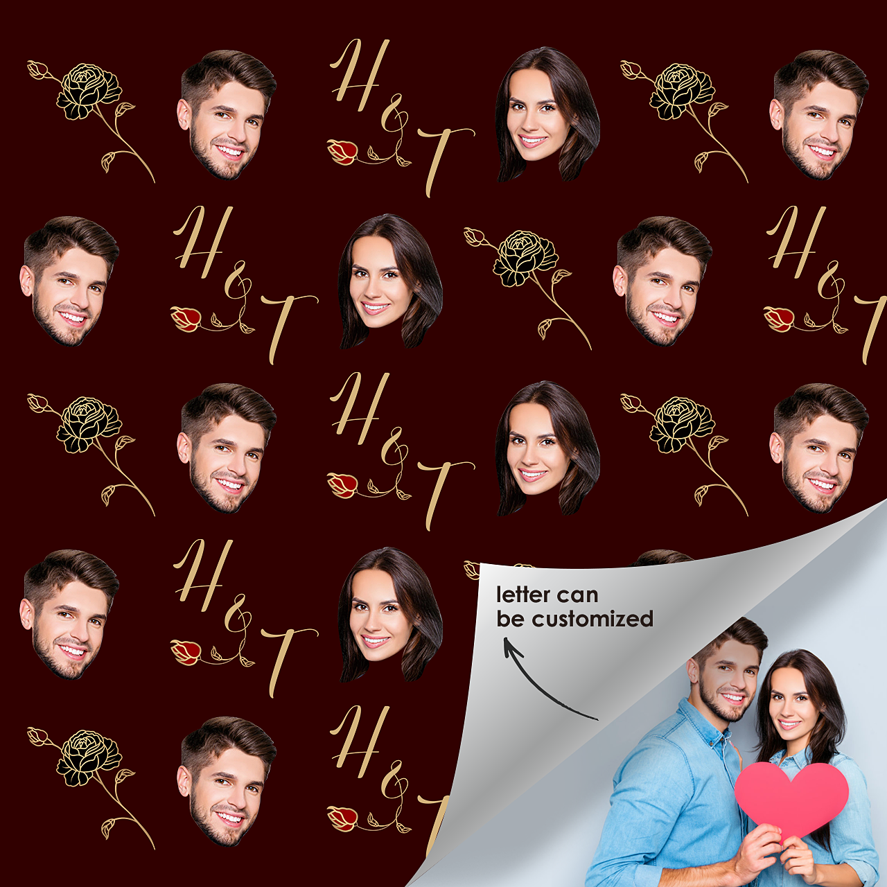 Custom Couple Face Photo Name Gift Wrap Couple Rose