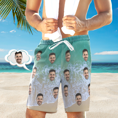 Custom Face Beach Short Personalized Photo Wave Print Swim Trunks Vacation Party Gift