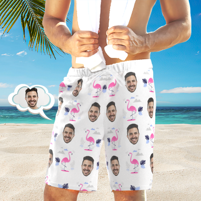 Custom Face Beach Short Personalized Photo Flamingo Print Swim Trunks Vacation Party Gift