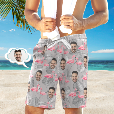 Custom Face Beach Short Personalized Photo Casual Resort Flamingo Print Swim Trunks Vacation Party Gift