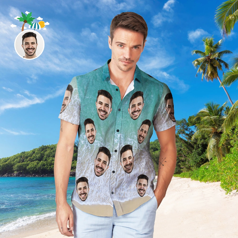Custom Face Hawaiian Shirt And Beach Shorts Personalized Men's Photo Wave Print Vacation Party Gift