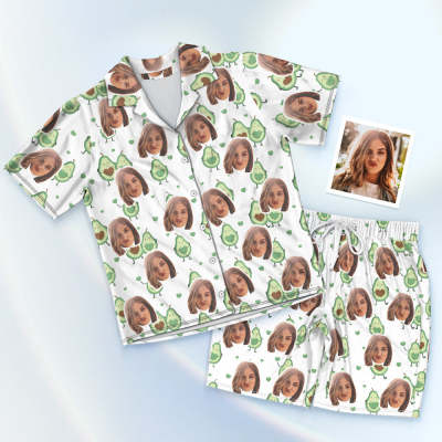 Custom Face Short Sleeved Pajama Shorts Personalized Photo Pajama Women Men Summer Pajamas Summer Gifts - Avocado