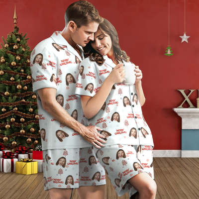 Custom Face Short Sleeved Pajamas Personalised Photo Women Men Sleepwear Gifts For Lover Merry Christmas