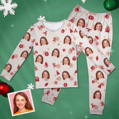 Custom Face Pajamas Personalized Round Neck Long Pajamas Christmas Gift For Women