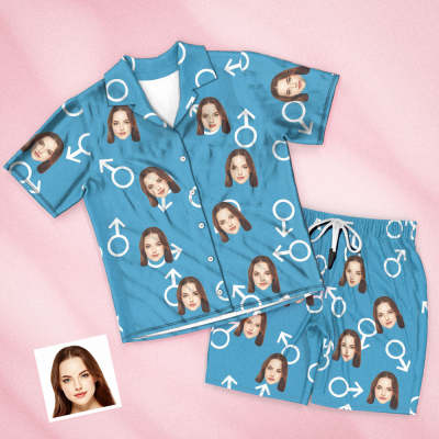 Custom Face Short Blue Sleeved Pajamas Shorts Personalized Photo Sleepwear Women Men Summer Pajamas Valentine's Day Gift