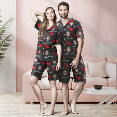 Custom Face Short Sleeved Pajamas Personalized Photo Heart Sleepwear Women Men Summer Pajamas Valentine's Day Gift - I Love You